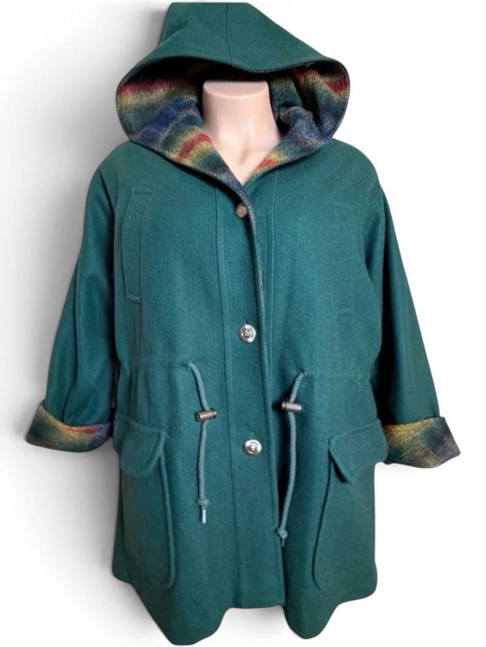 Vintage Jofeld Forstmann Wool Hooded Coat Southwestern Green Large
